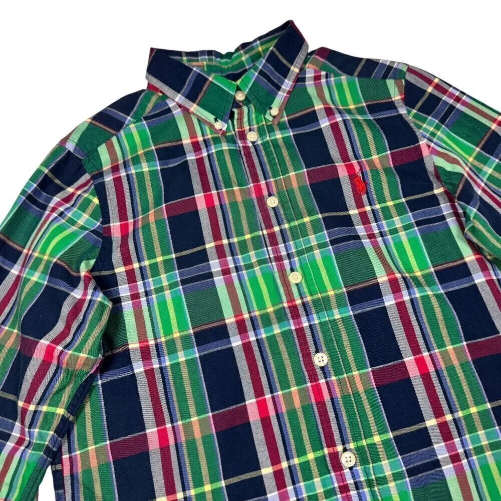 Ralph Lauren Boys Plaid Shirt Sz. M 10-12 Green Button Down 100% Cotton Pony